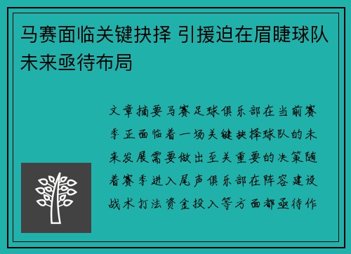 马赛面临关键抉择 引援迫在眉睫球队未来亟待布局