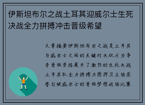 伊斯坦布尔之战土耳其迎威尔士生死决战全力拼搏冲击晋级希望