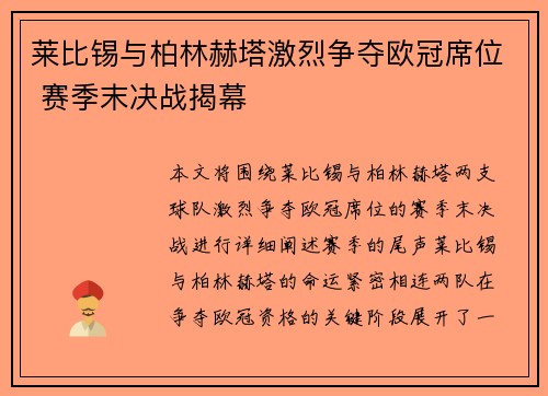 莱比锡与柏林赫塔激烈争夺欧冠席位 赛季末决战揭幕