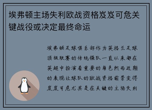 埃弗顿主场失利欧战资格岌岌可危关键战役或决定最终命运