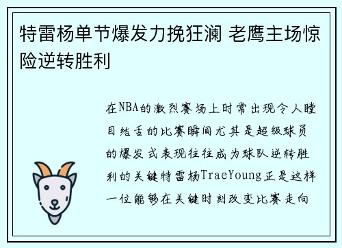 特雷杨单节爆发力挽狂澜 老鹰主场惊险逆转胜利